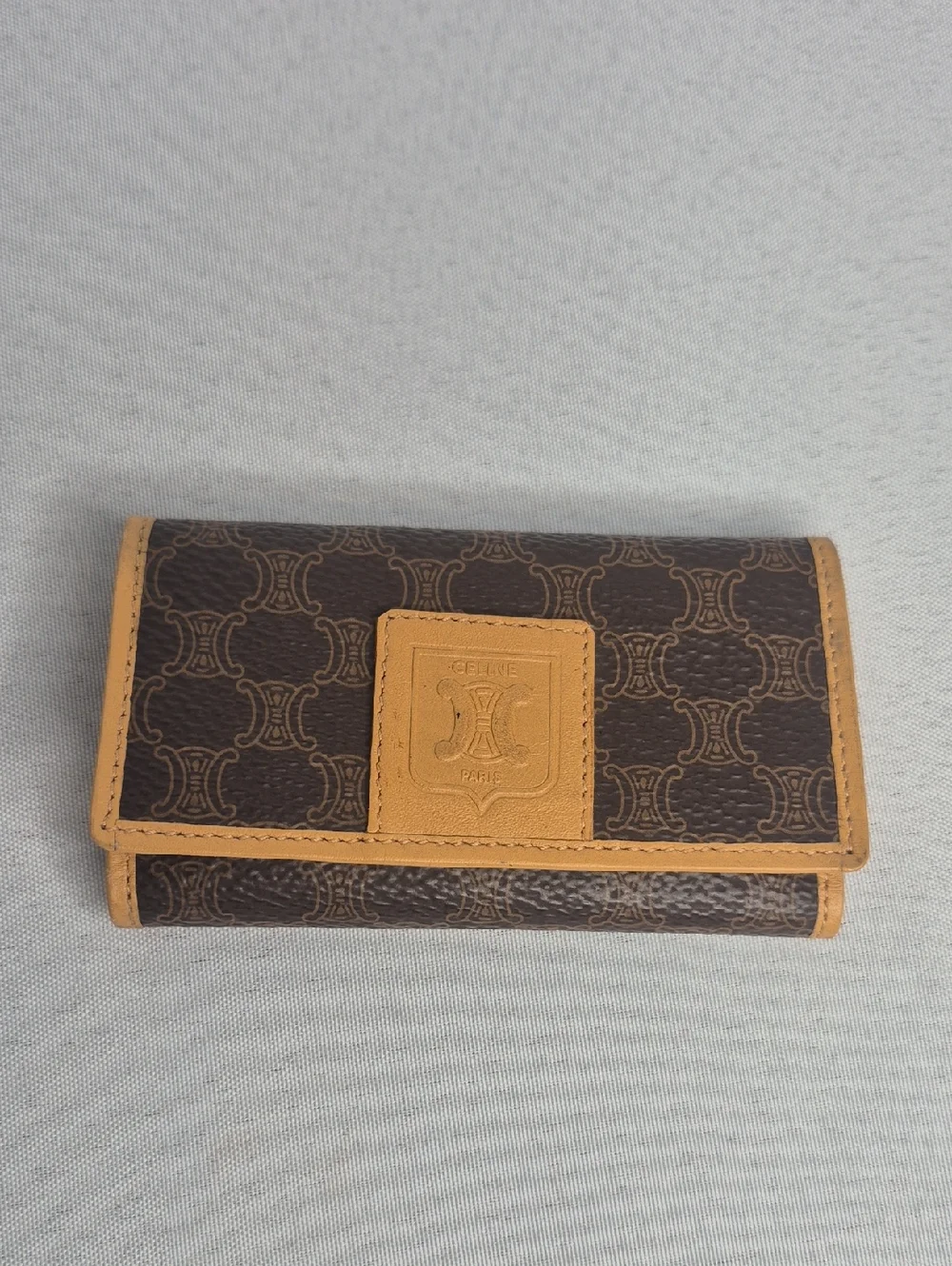 Celine Brown Canvas Trifold Key Holder with Tan Trim